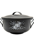 Black Mystical Cauldron with white background and white logo of an eye and two hands on the front. Available at Goddess Provisions