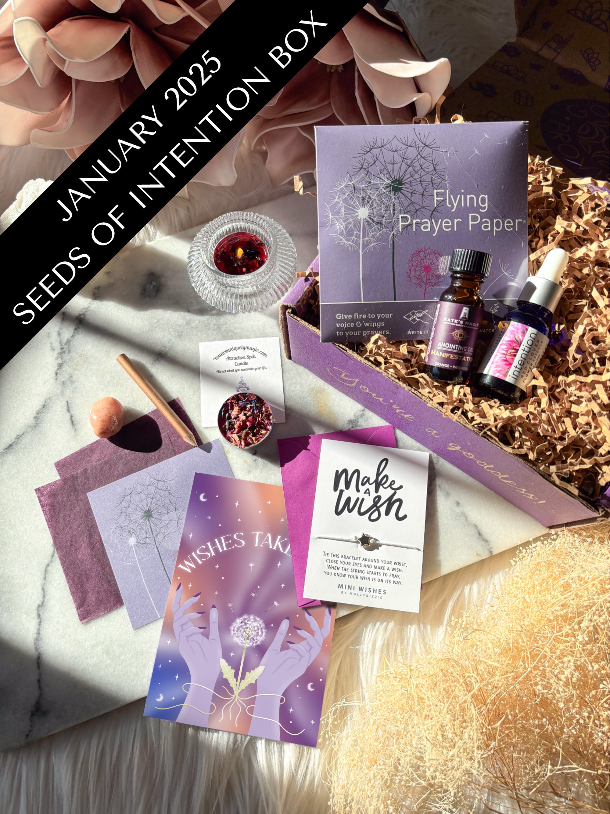 Seeds of Intention subscription box featuring ritual tools for intention-setting, energy alignment, and manifesting abundance through witchcraft and spirituality.