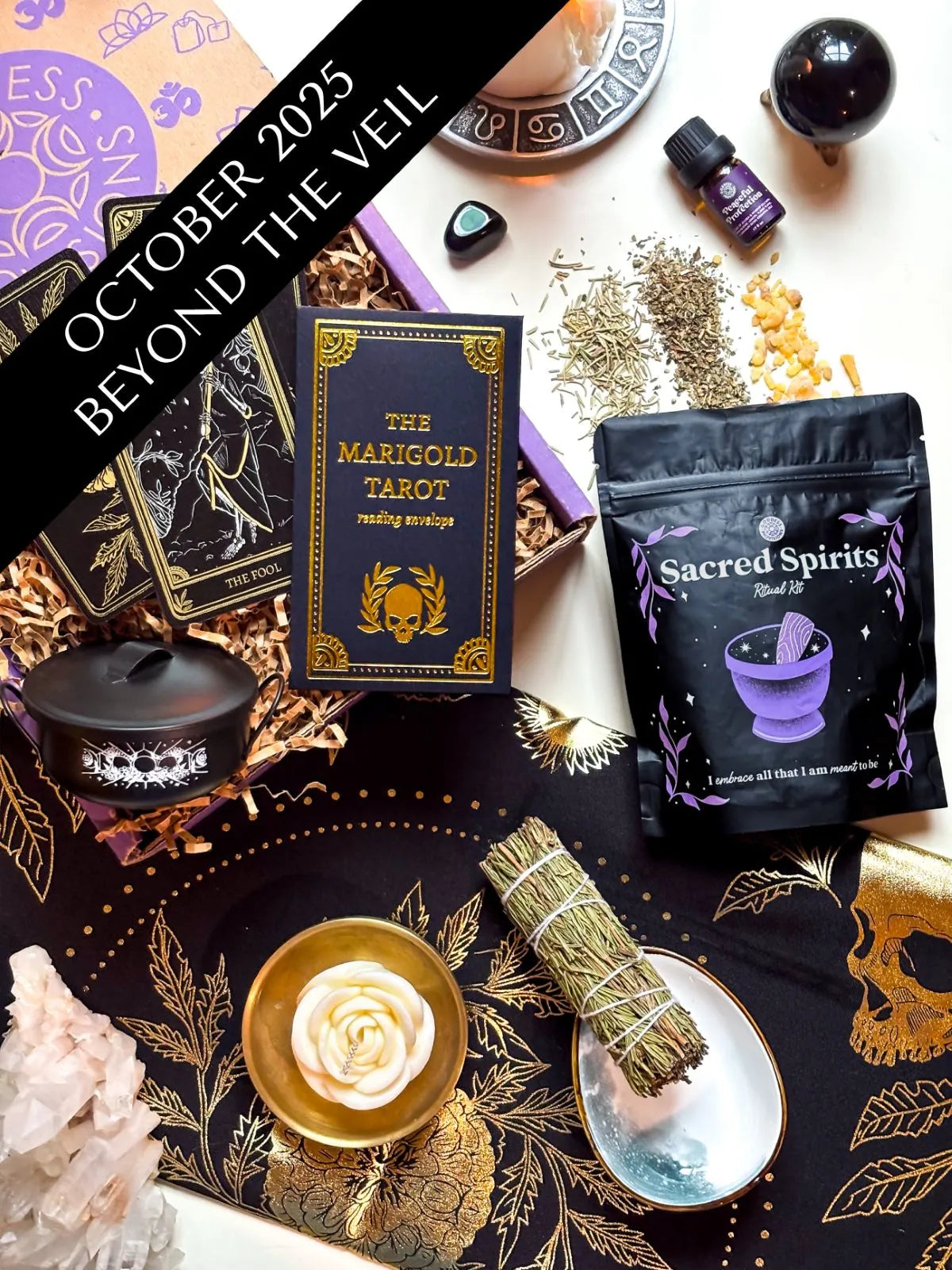 Veil Between Worlds subscription box displayed with spiritual items for ancestral rituals and remembrance.