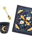 Celestial Tea Set including mug, tea towel, and golden spoon. Available at Goddess Provisions.