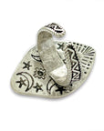Adjustable antique silver-plated brass Clear Quartz Moonlight Ring featuring a crescent moon and crystal design. Available at Goddess Provisions
