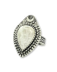Adjustable antique silver-plated brass Clear Quartz Moonlight Ring featuring a crescent moon and crystal design. Available at Goddess Provisions