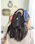 Midnight Garden vegan silk scar with stars and moon used as an altar cloth, a scarf or a headband. Available at Goddess Provisions