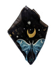 Midnight Garden vegan silk scar with stars and moon used as an altar cloth, a scarf or a headband. Available at Goddess Provisions