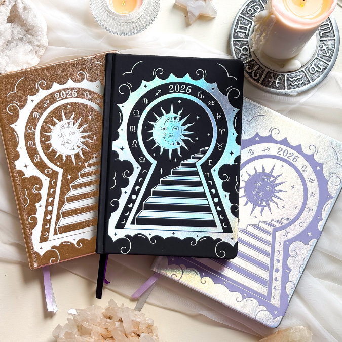 Witchcraft supplies best sellers available at Goddess provisions. Champaign, black and silver lunar moon planner