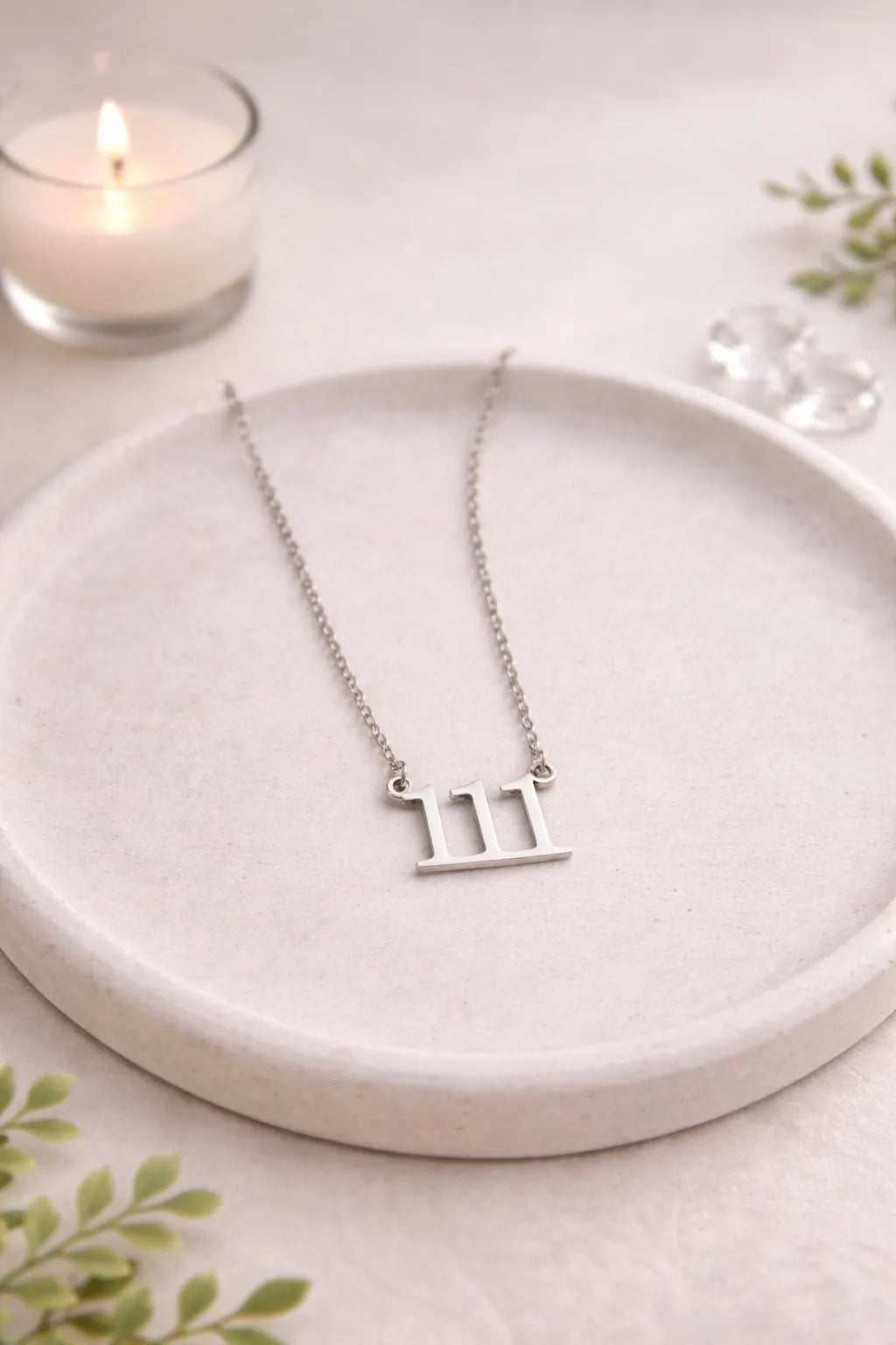 Silver 111 angel number necklace symbolizing intuition, manifestation, and spiritual alignment