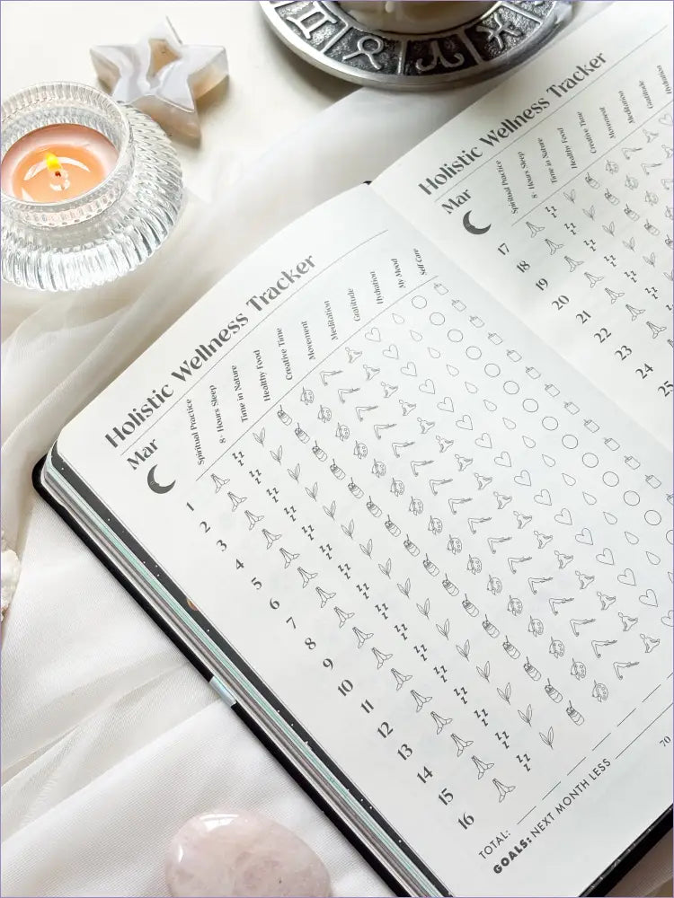 Inside pages of the 2026 planner featuring guided prompts, moon cycle references, and planning spreads.
