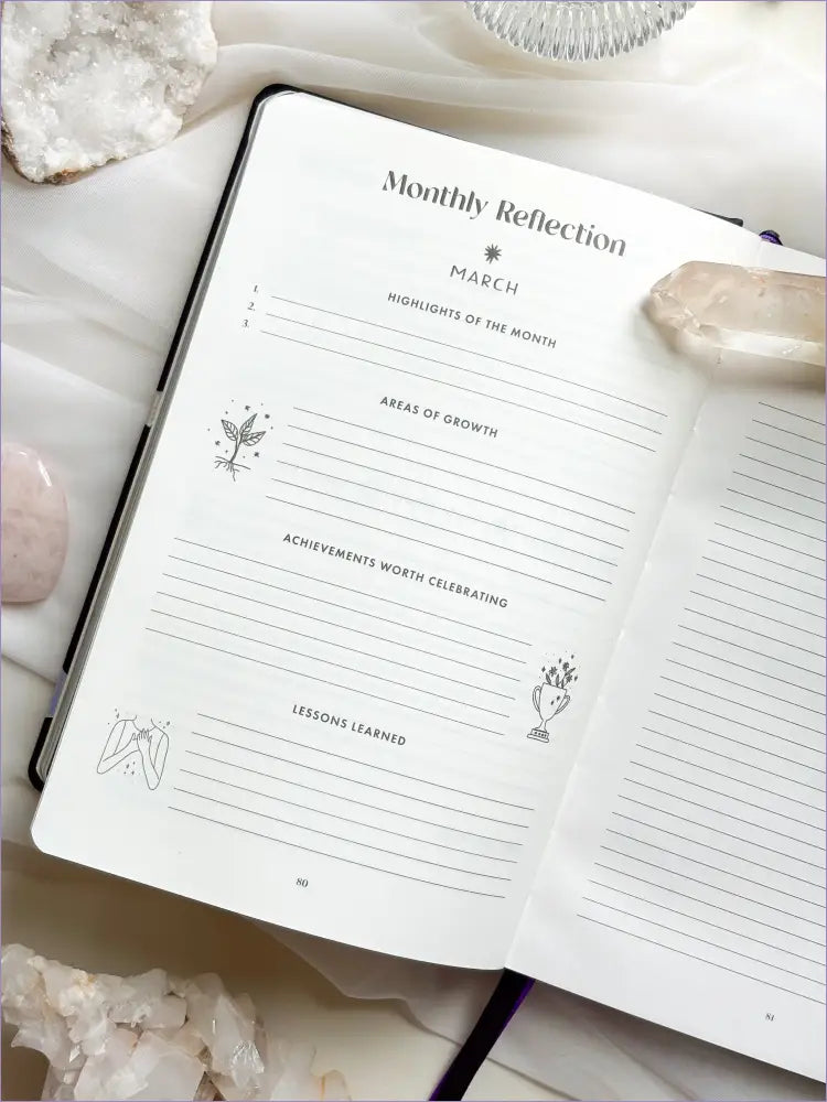 Interior pages of the 2026 planner showing monthly and weekly layouts, goal sections, and intention prompts.