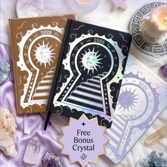Group image of three 2026 planners in black silver-holographic, silver rainbow holographic, and champagne vegan leather, displayed with a free crystal.
