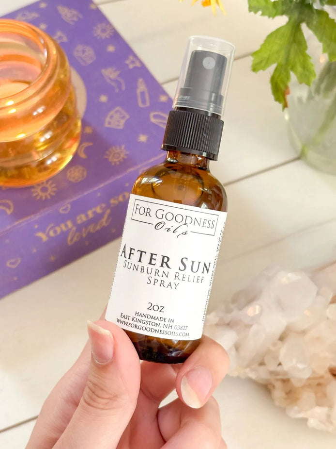After sun spray bottle with aloe and essential oils for cooling post-sun care.