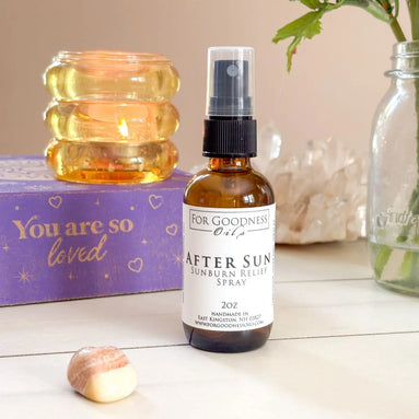 Skin-soothing after-sun spray made with pure essential oils for post-sun comfort.