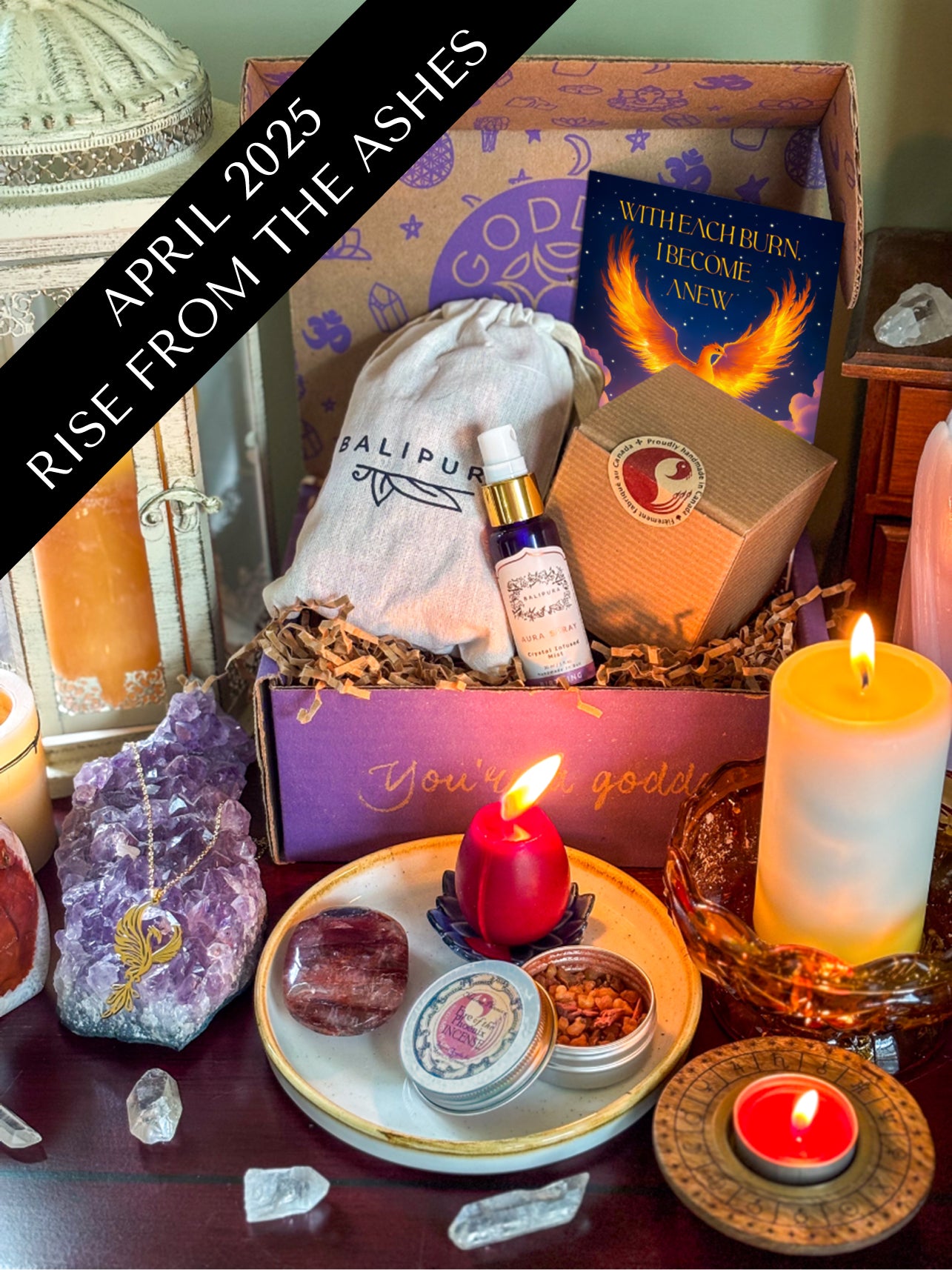 Rise From the Ashes subscription box inspired by phoenix rebirth energy, featuring magical tools for transformation, renewal, and personal empowerment.