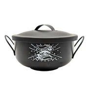 Black Mystical Cauldron with white background and white logo of an eye and two hands on the front. Available at Goddess Provisions