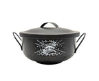 Black Mystical Cauldron with white background and white logo of an eye and two hands on the front. Available at Goddess Provisions