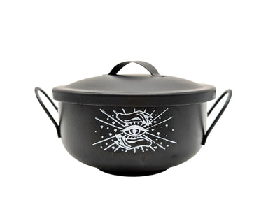 Black Mystical Cauldron with white background and white logo of an eye and two hands on the front. Available at Goddess Provisions