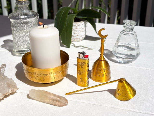 Metaphysical matching Brass Altar Bundle | Brass Altar Bowl, Brass Bell, Brass Candle snuffer & Brass Lighter Case