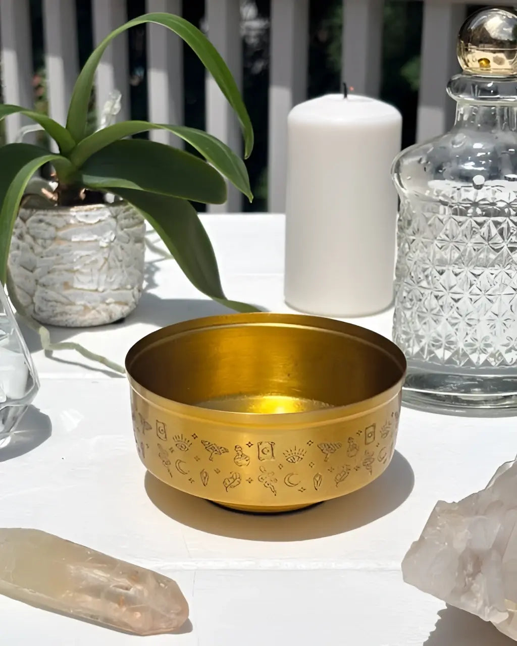 Metaphysical matching Brass Altar Bundle | Brass Altar Bowl, Brass Bell, Brass Candle snuffer & Brass Lighter Case