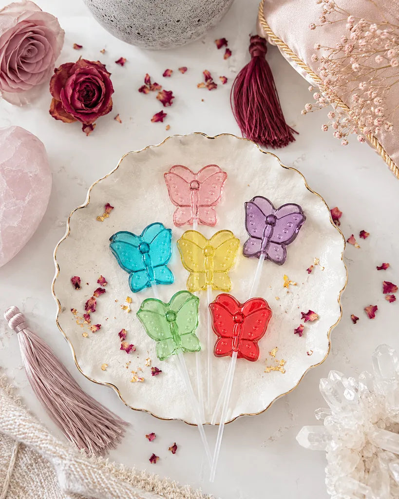 butterfly shaped lollipops for party favors, celebrations, and dessert table decor