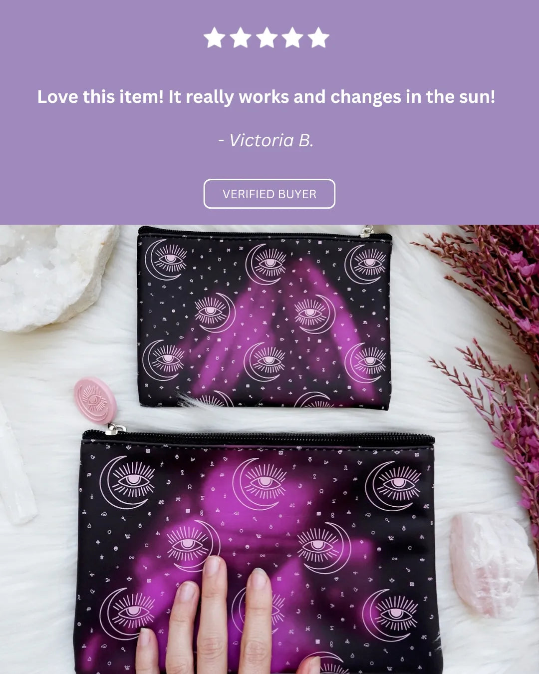 Customer review sharing how the pouch is perfect for storing ritual and beauty essentials.
