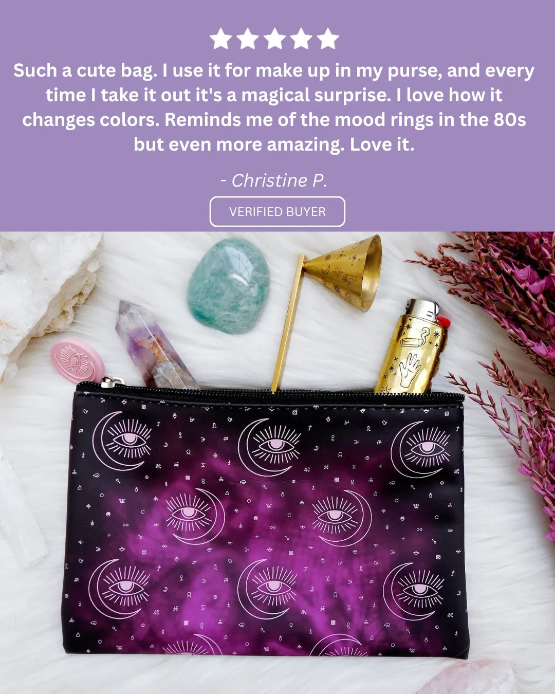 Five-star customer review praising the color-changing effect and magical design of the pouch.