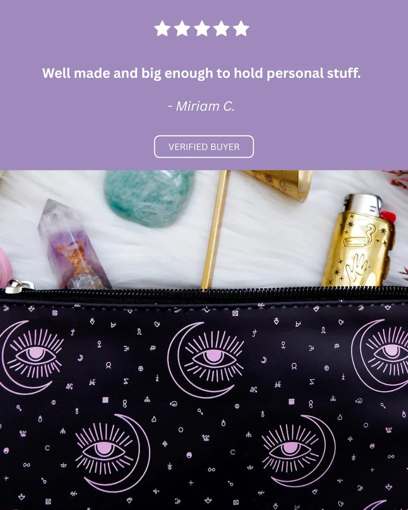 Positive review highlighting the quality, vibrant colors, and unique alchemical details of the pouch.