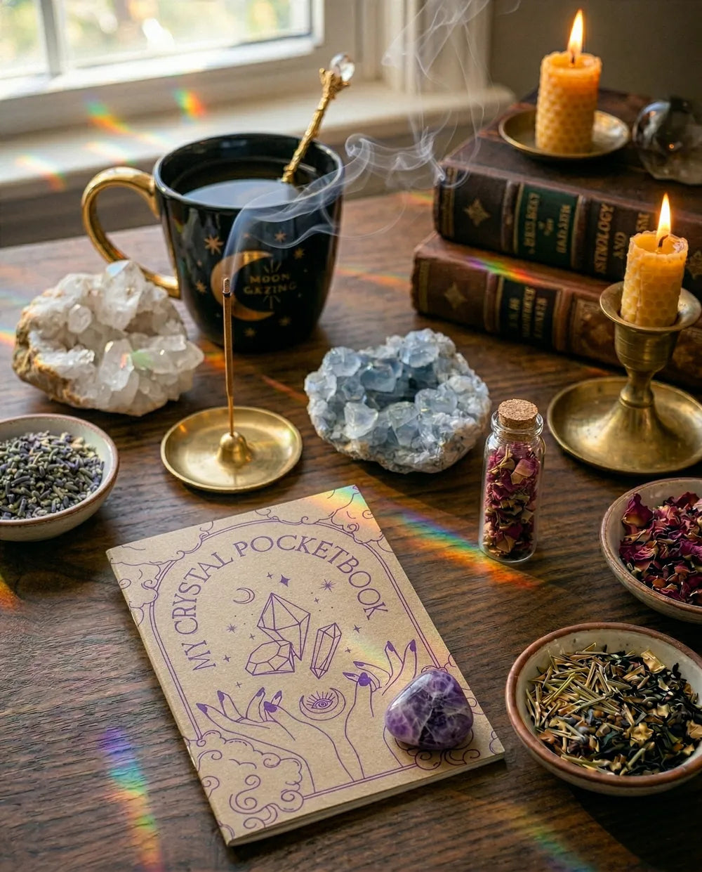 Pocket crystal notebook journal for tracking crystal properties and chakra meanings and Amethyst healing crystal for intuition, meditation, and spiritual clarity