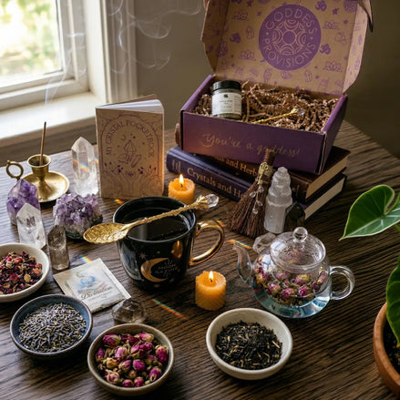Curated spiritual ritual set with spiritual tools including crystal notebook, herbal tea, ritual spoon, facial steam, and amethyst.