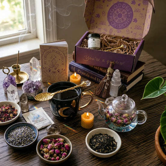 Curated spiritual ritual set with spiritual tools including crystal notebook, herbal tea, ritual spoon, facial steam, and amethyst.