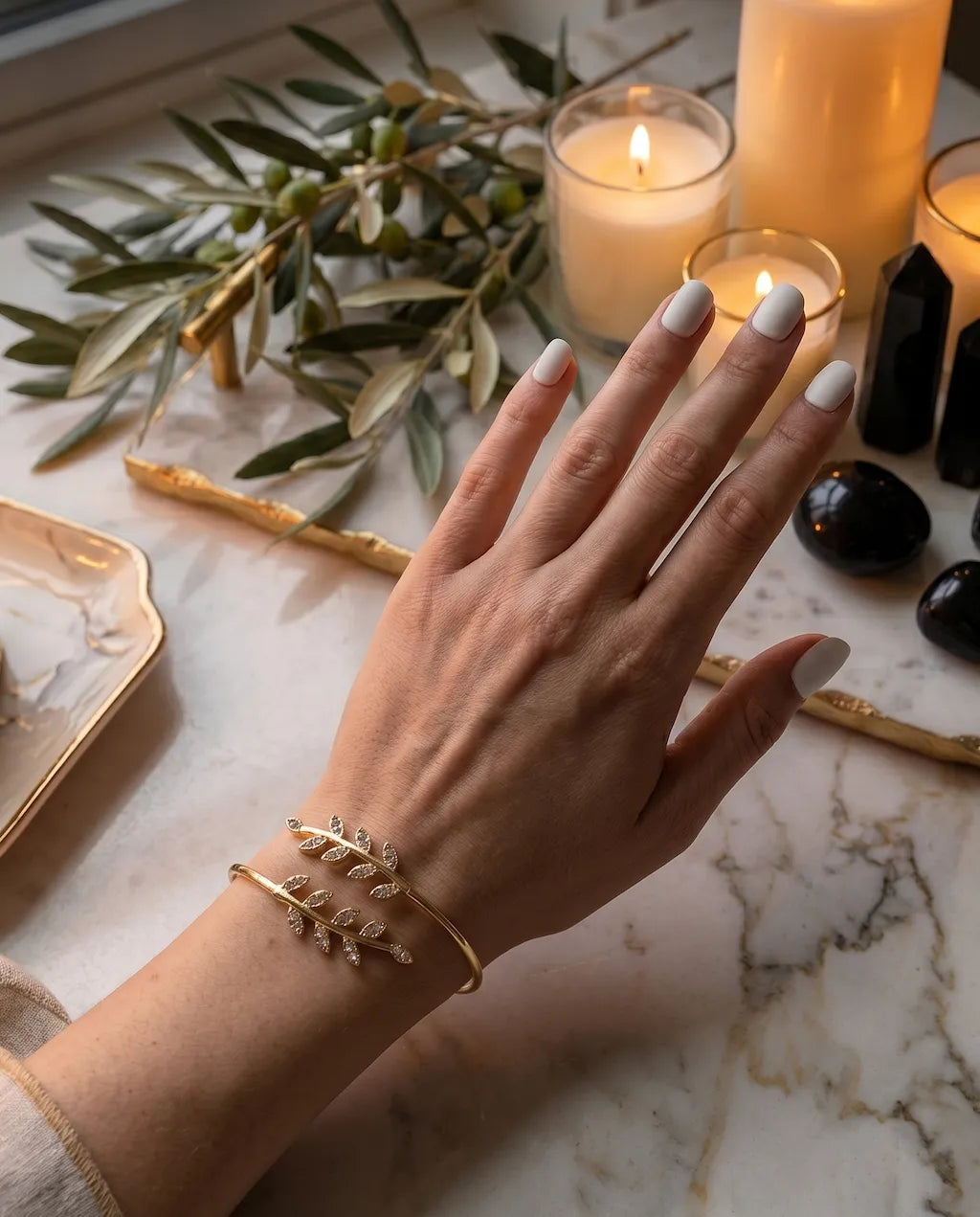 olive leaf cuff bracelet in gold and silver inspired by ancient symbols of protection