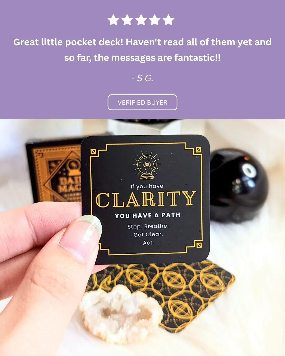 Positive review highlighting the compact size and meaningful messages in the Daily Magik Card Set.