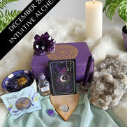 Intuitive Alchemy December box with psychic tools and ritual items for intuition, dreamwork, and inner transformation.