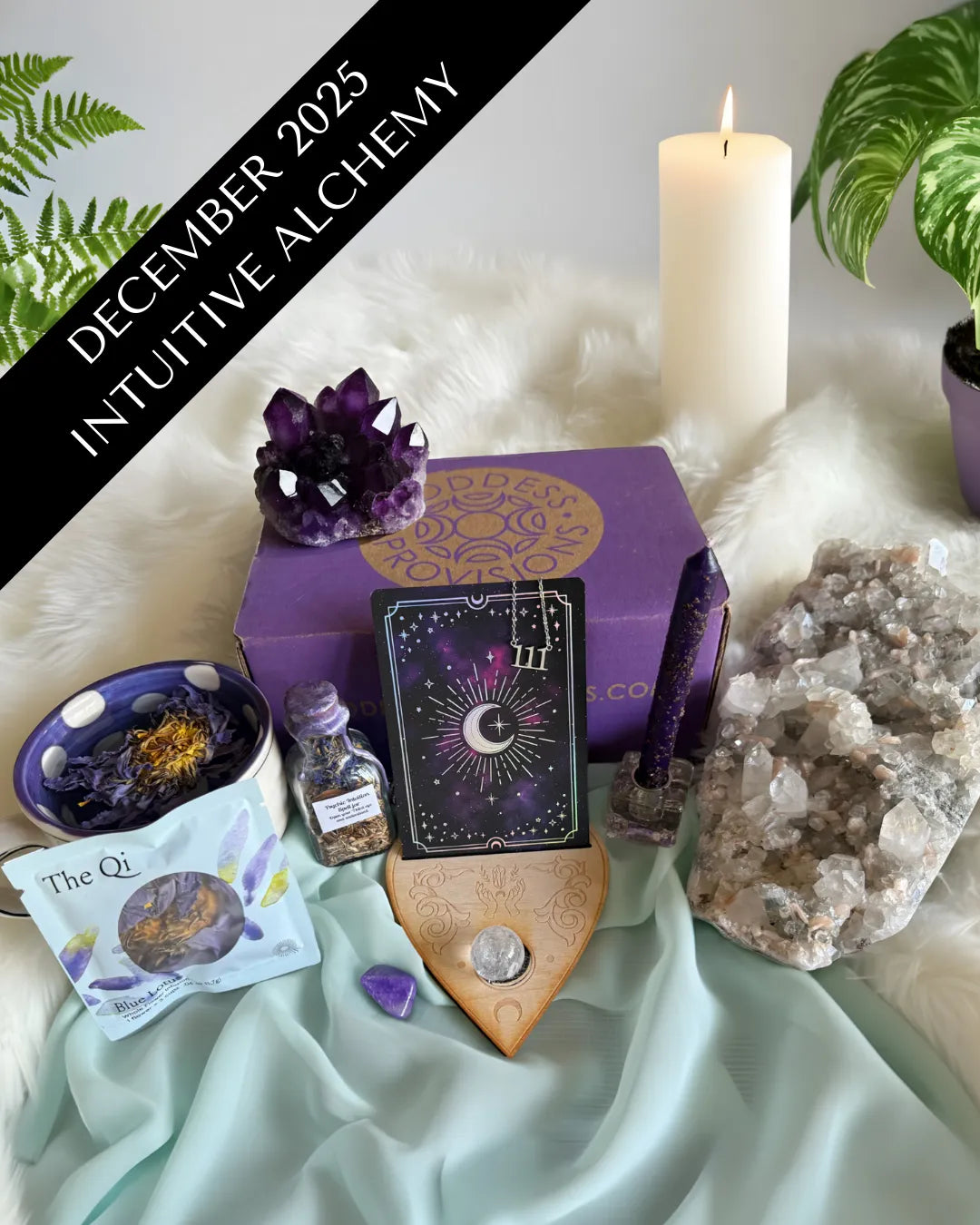 Intuitive Alchemy December box with psychic tools and ritual items for intuition, dreamwork, and inner transformation.