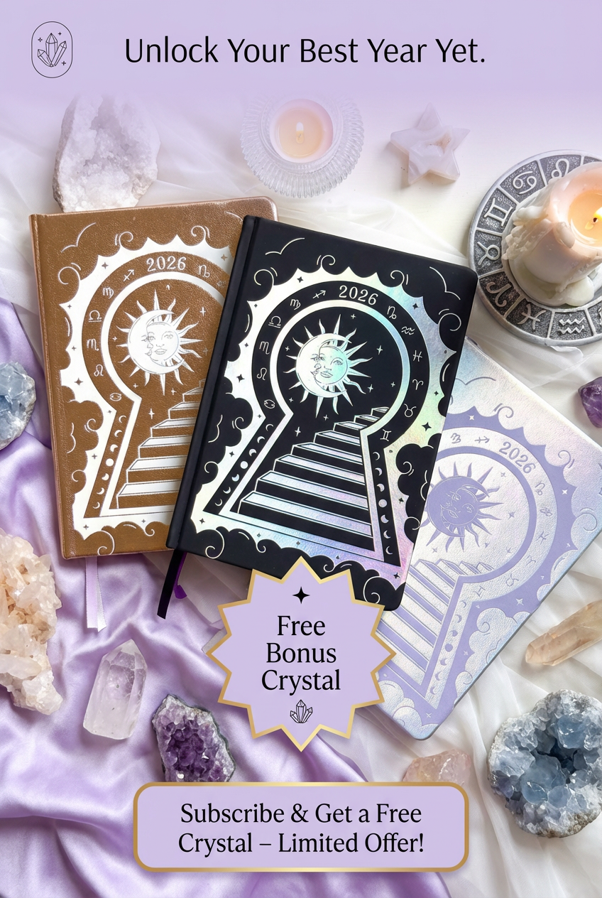 Group image of three 2026 planners in black silver-holographic, silver rainbow holographic, and champagne vegan leather, displayed with a free crystal.