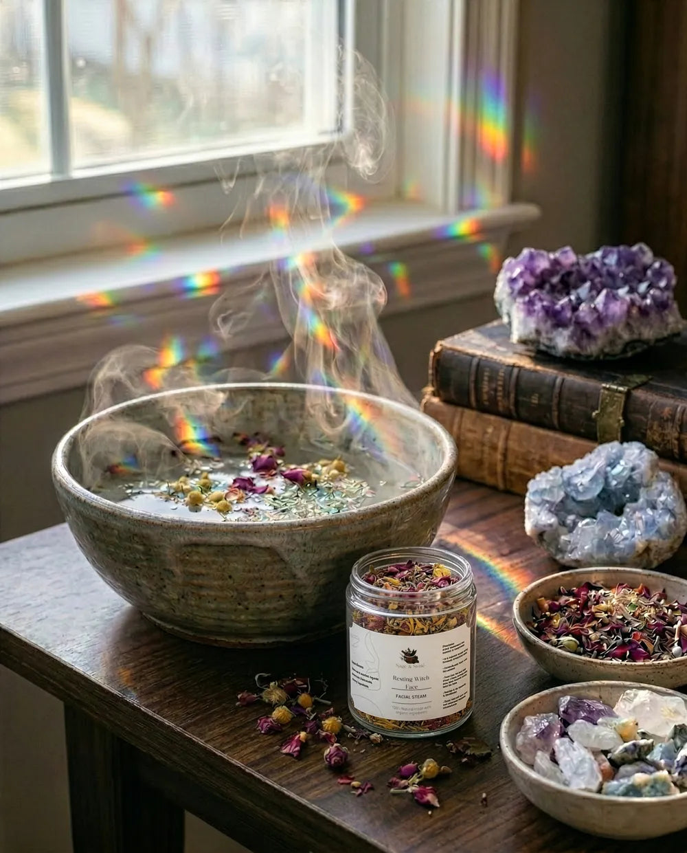 Herbal facial steam for skincare, relaxation, and ritual self care
