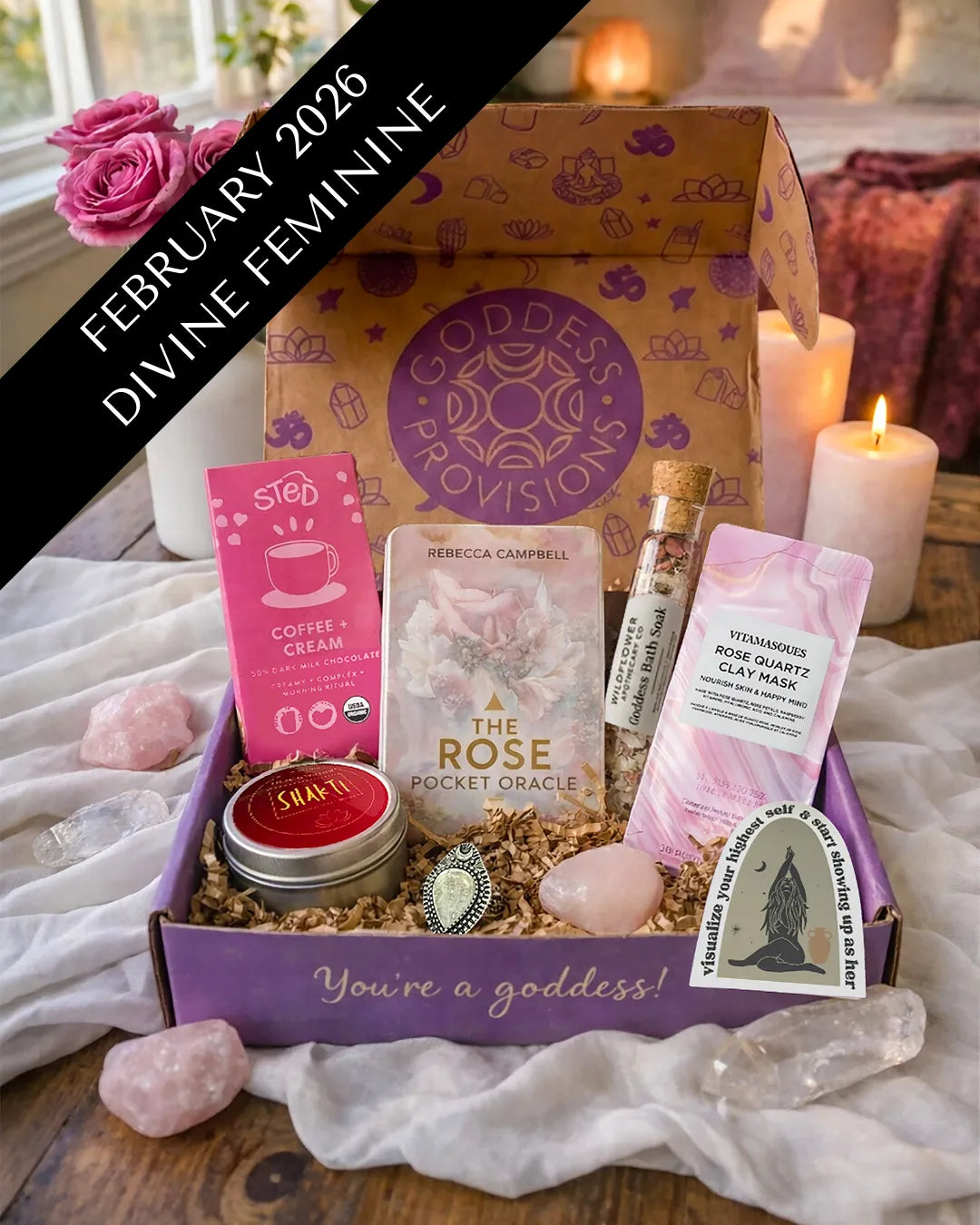 February Divine Feminine subscription box featuring self-love ritual tools, crystals, and nurturing spiritual items.