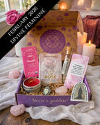 February Divine Feminine subscription box featuring self-love ritual tools, crystals, and nurturing spiritual items.