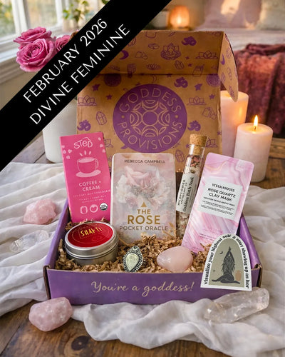 February Divine Feminine subscription box featuring self-love ritual tools, crystals, and nurturing spiritual items.