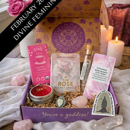 February Divine Feminine subscription box featuring self-love ritual tools, crystals, and nurturing spiritual items.