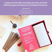 Five-star customer review praising the grounding scent and calming atmosphere created by the incense.