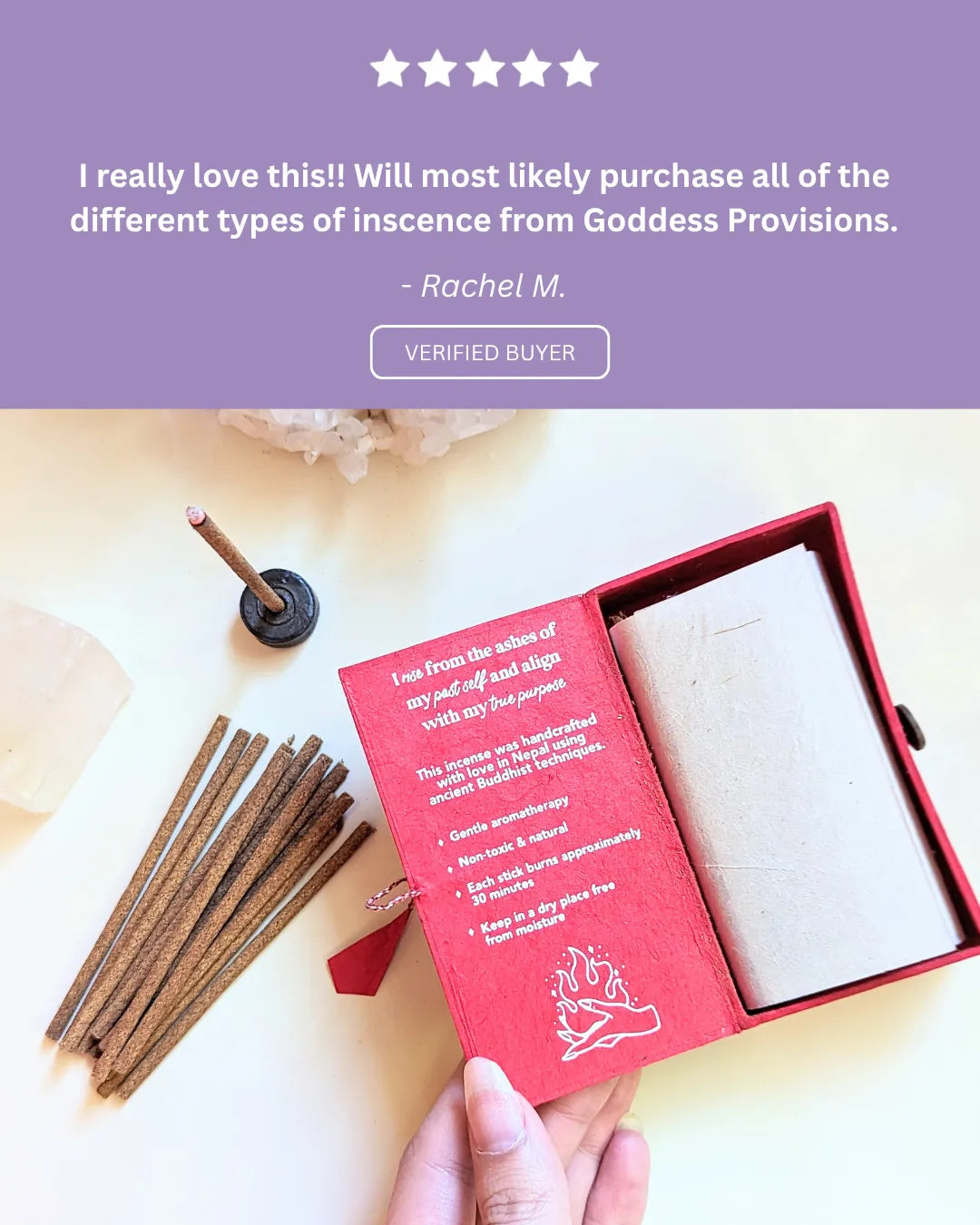 Five-star customer review praising the grounding scent and calming atmosphere created by the incense.