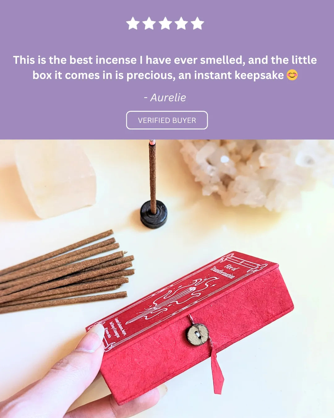 Customer review sharing how the incense enhances meditation and spiritual rituals.