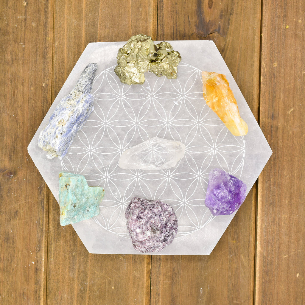 Flower of Life Engraved Selenite Plate on wood background | Goddess Provisions