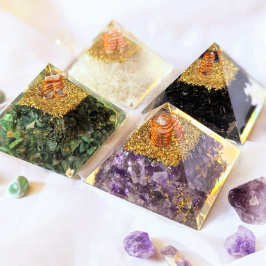 Four Orgone pyramids with Gold purple and green colors Healing Crystals
