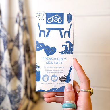 french grey sea salt chocolate bar with rich cacao and savory sweet flavor