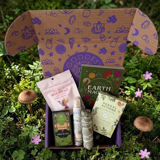 wellness subscription box with herbal flashcards, mushroom gummies, oils, foot soak, eucalyptus, and moss agate crystal