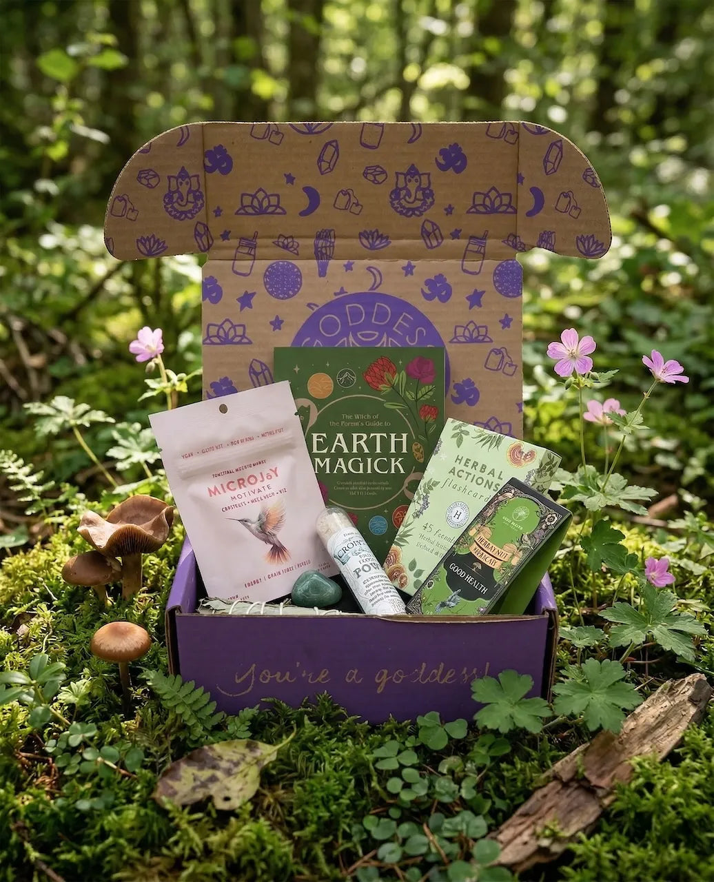 spiritual self care subscription box featuring herbal wellness tools, crystal, smudge bundle, and mushroom gummies