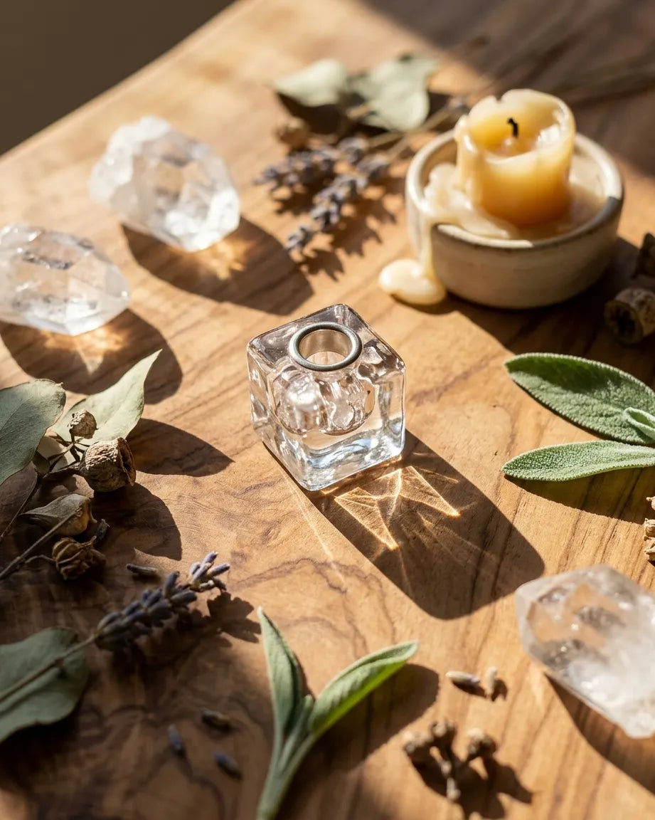 clear glass candle holder for rituals, meditation, and altar use