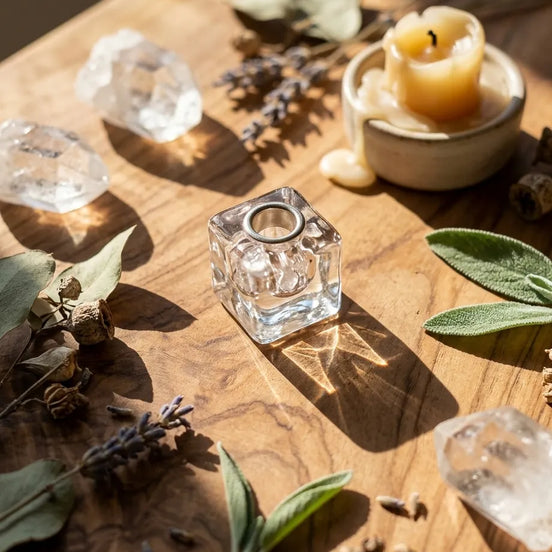 clear glass candle holder for rituals, meditation, and altar use