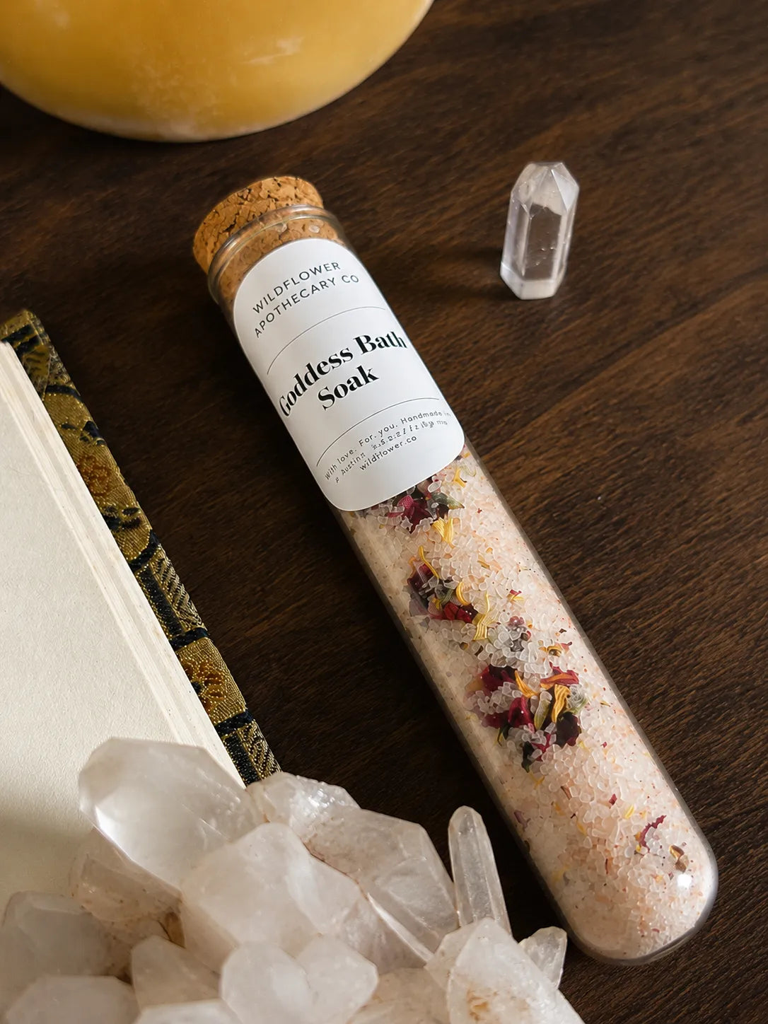 goddess bath soak with rose petals, lavender, and botanicals for relaxation and self care