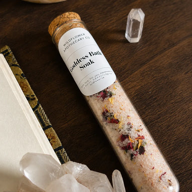 goddess bath soak with rose petals, lavender, and botanicals for relaxation and self care
